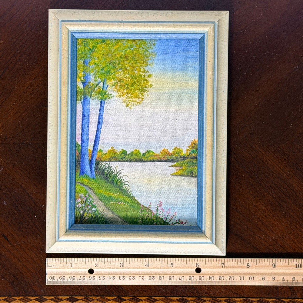 Vintage Pair Hand Painted Canvas Landscape Art Framed Lake River Scenes - Picture 9 of 13